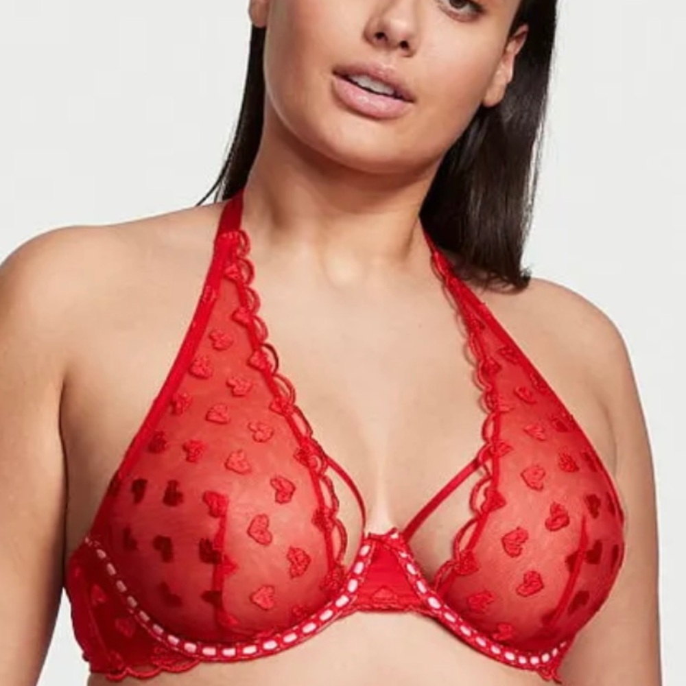 Red Hearts & Ribbon Sheer Victoria Secret Bra Lingerie